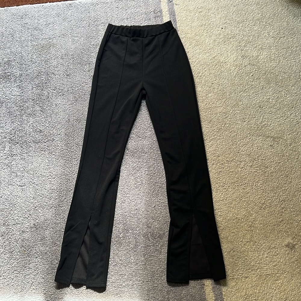 Black flare out leg dress pants with stretch waist